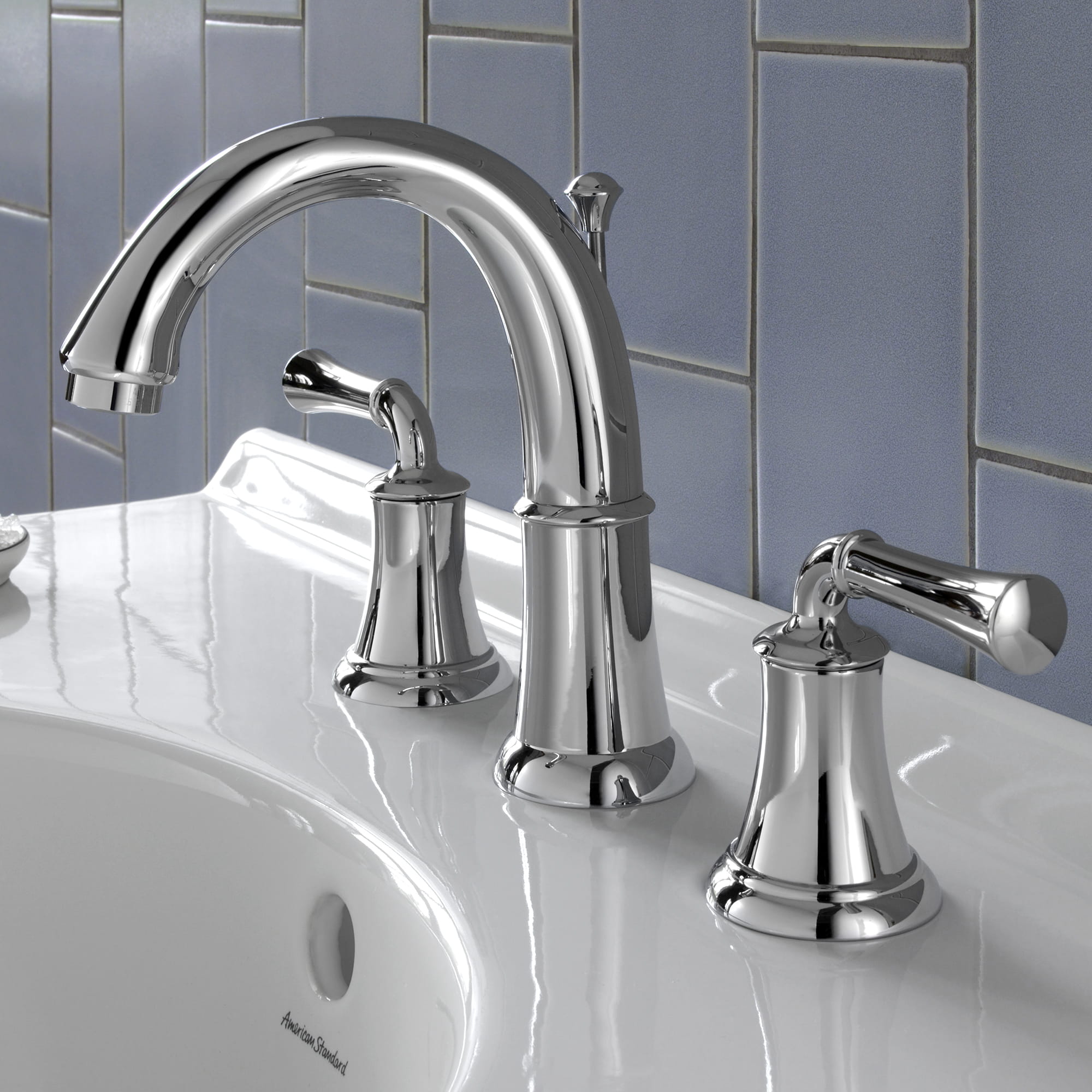 Portsmouth 8 In Widespread 2 Handle Crescent Spout Bathroom Faucet 12 GPM with Lever Handles CHROME